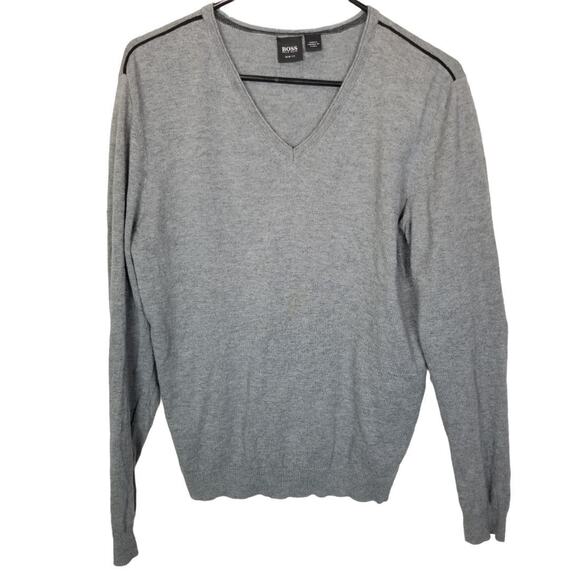 BOSS Hugo Boss Mens Wool Cotton V-Neck Sweater L Minimalist Preppy Elbow Patch - Picture 1 of 10